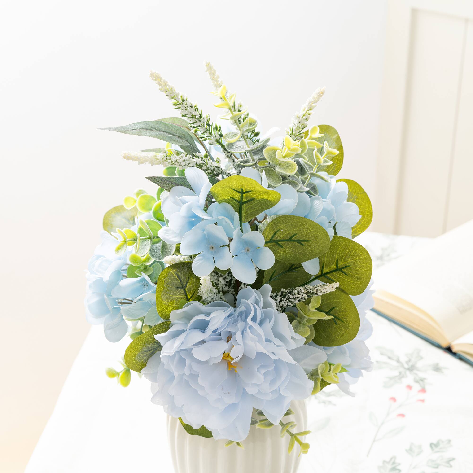 Glitzhome® 18" Blue Peony & Hydrangea with Ceramic Vase Centerpiece